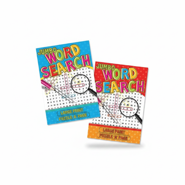 Jumbo Word Search Large Print Book on white studio background — two books with cyan/teal and red covers with magnifying glass
