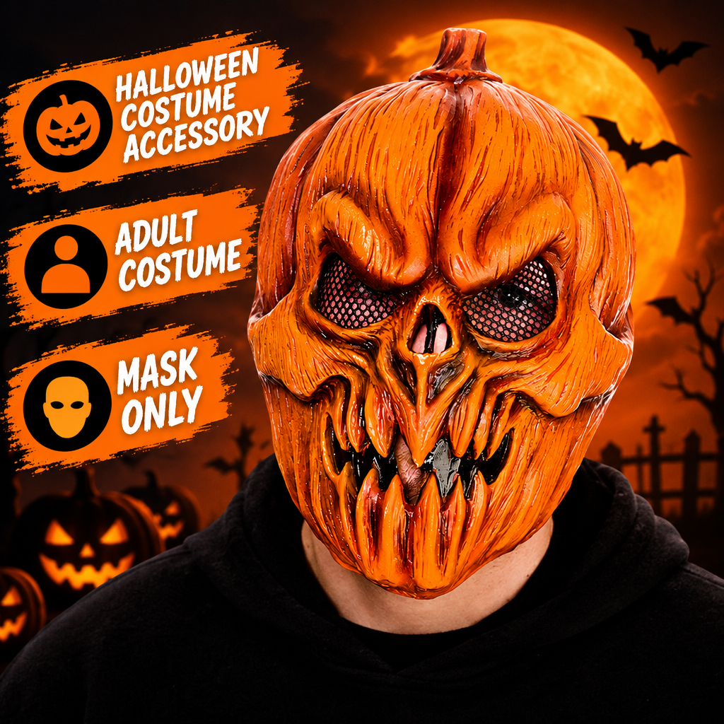 Adult wearing orange killer pumpkin mask beside Halloween costume and mask-only labels