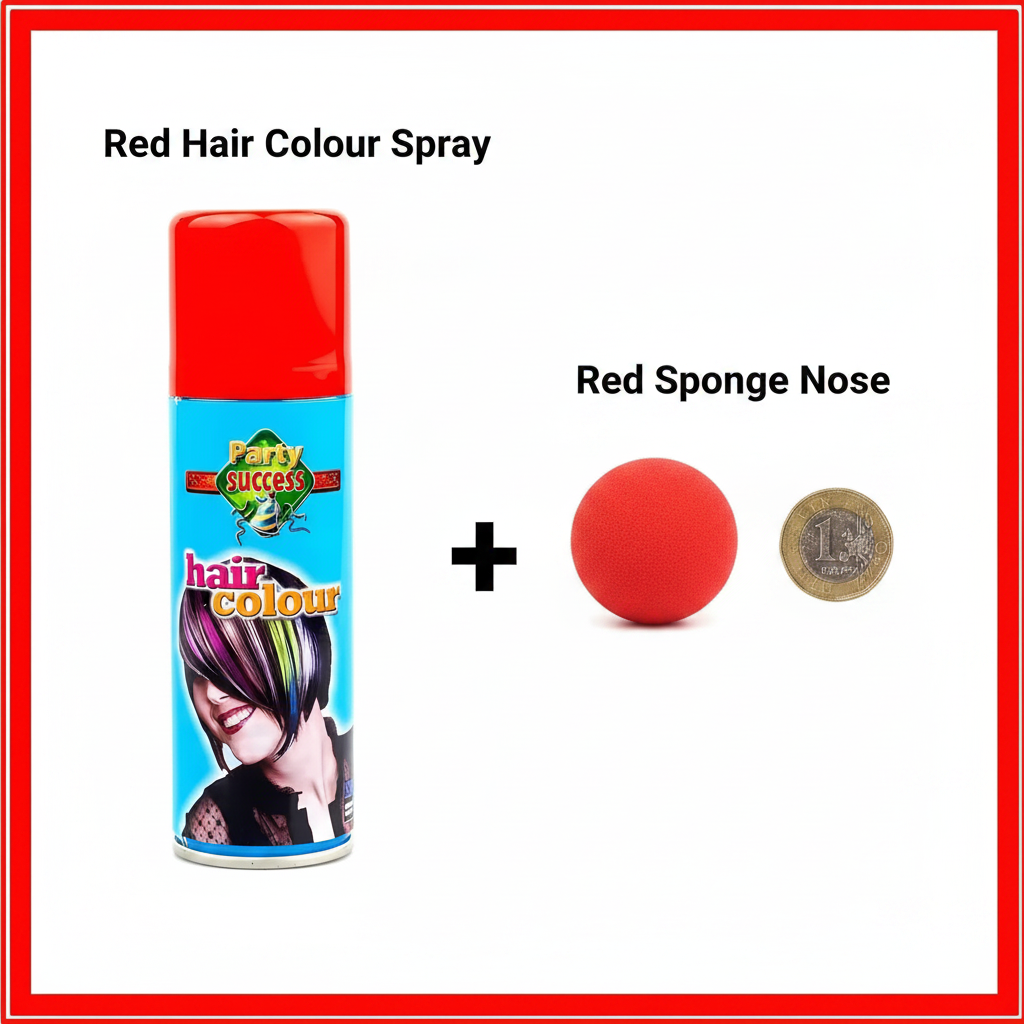 Flat lay of red hair colour spray can and red sponge clown nose with £1 coin for size reference