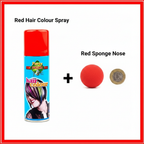 Flat lay of red hair colour spray can and red sponge clown nose with £1 coin for size reference