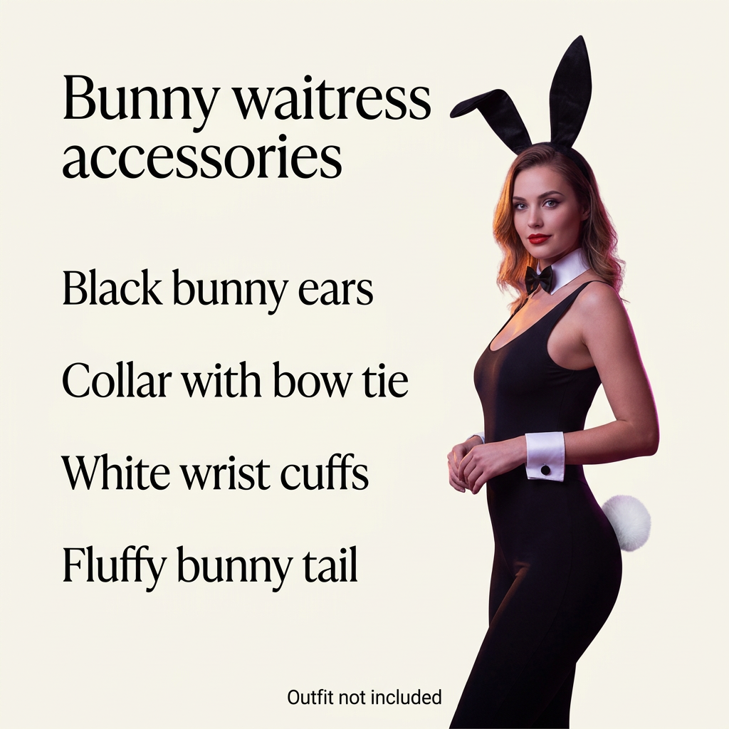 A woman modeling bunny waitress accessories against a light beige background, with text listing the included items: black bunny ears, collar with bow tie, white wrist cuffs, and fluffy bunny tail. The text also states outfit not included.