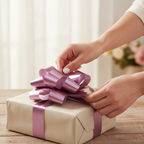 Hands tying a large dusty rose pink pull bow onto a wrapped gift, warm bokeh background lifestyle shot