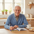 Elderly man enjoying a Brain Games Word Search book at the kitchen table with a cup of tea