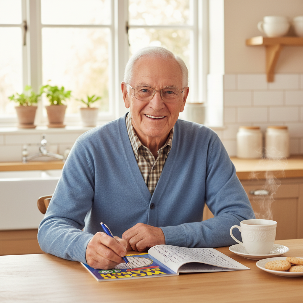Elderly man enjoying a Brain Games Word Search book at the kitchen table with a cup of tea