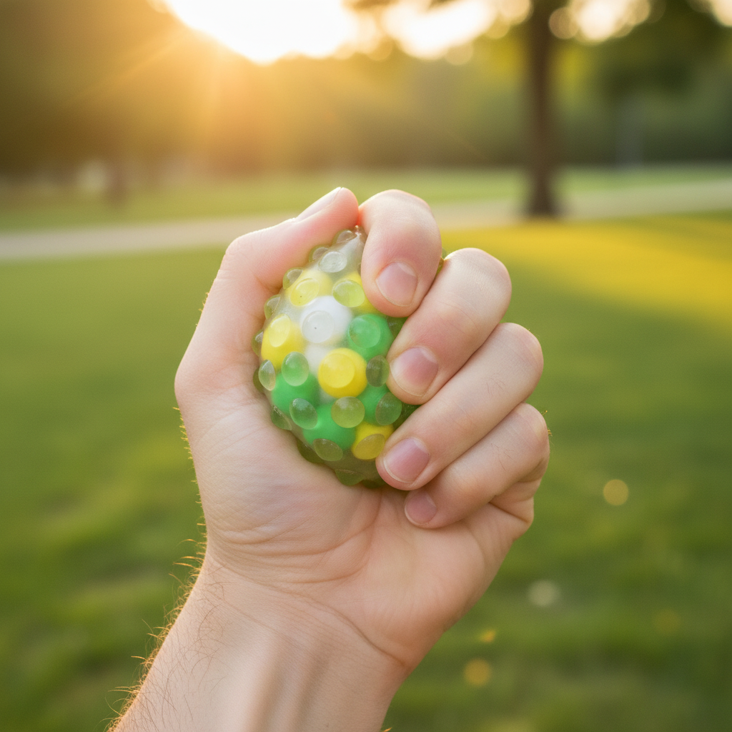 Hand squeezing green yellow Molecule Madness squishy water bead stress ball outdoors in golden hour light