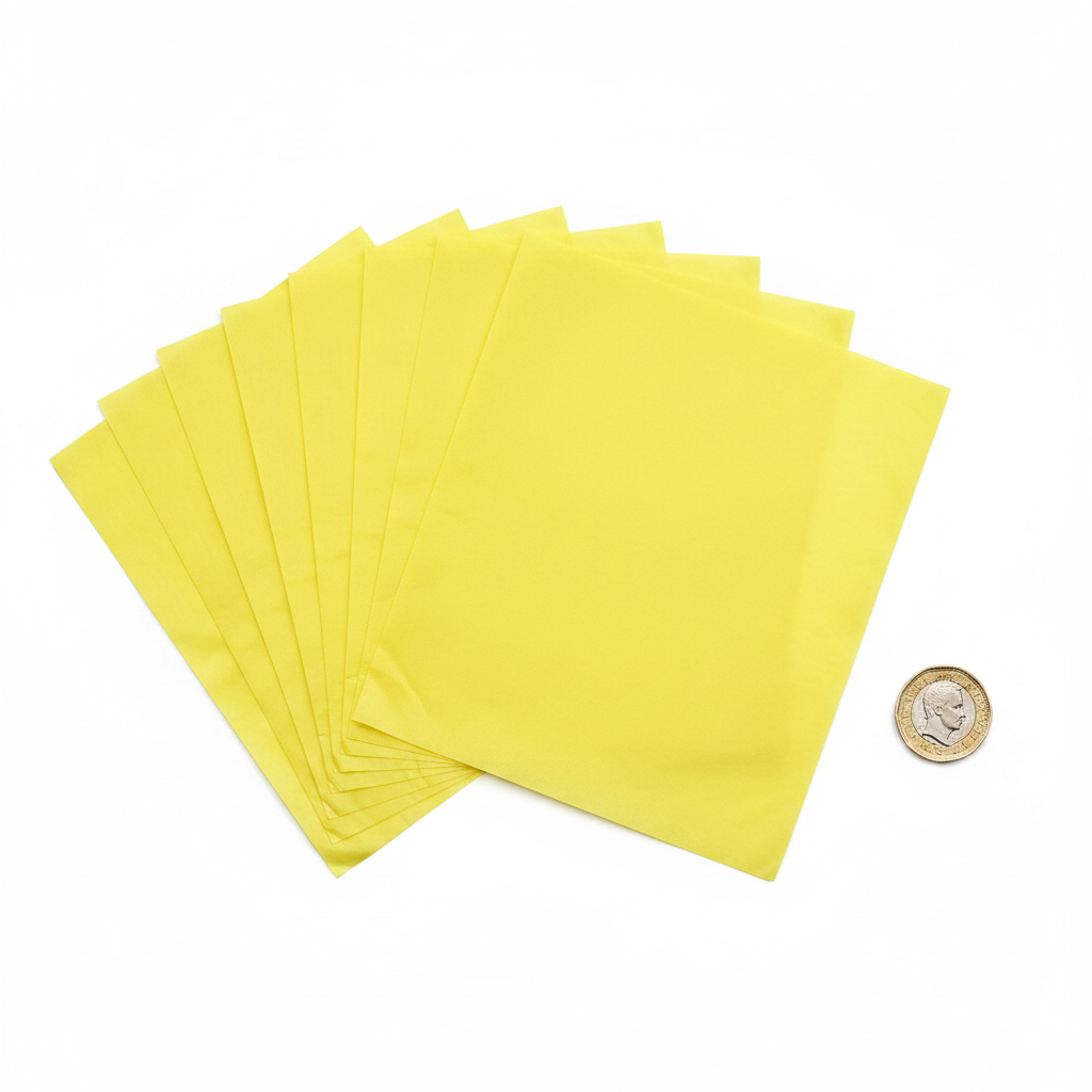 Yellow tissue paper sheets fanned out beside a British pound coin to show 50cm x 75cm scale, flat lay on white background