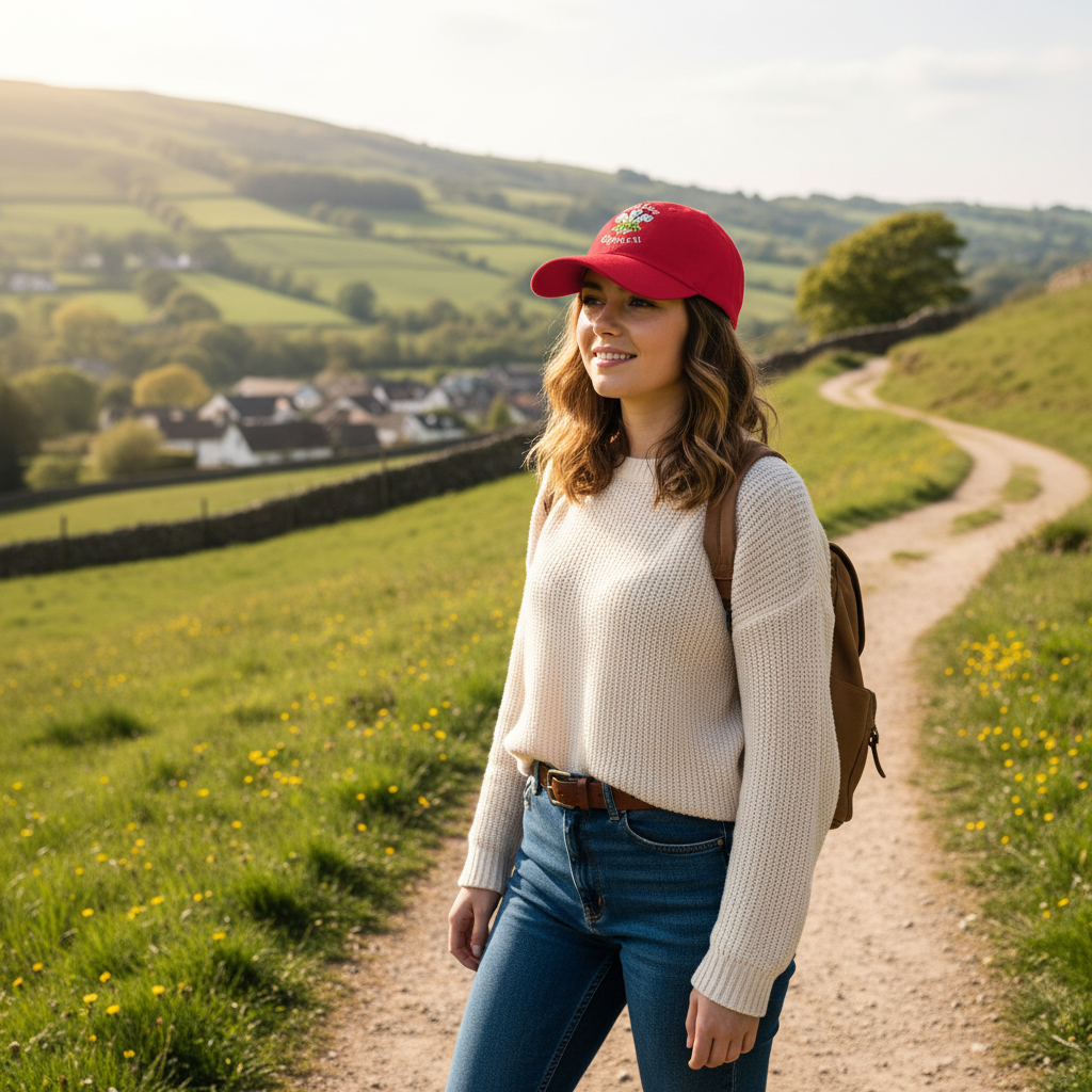Welsh Three Feathers baseball cap worn casually outdoors in Welsh countryside
