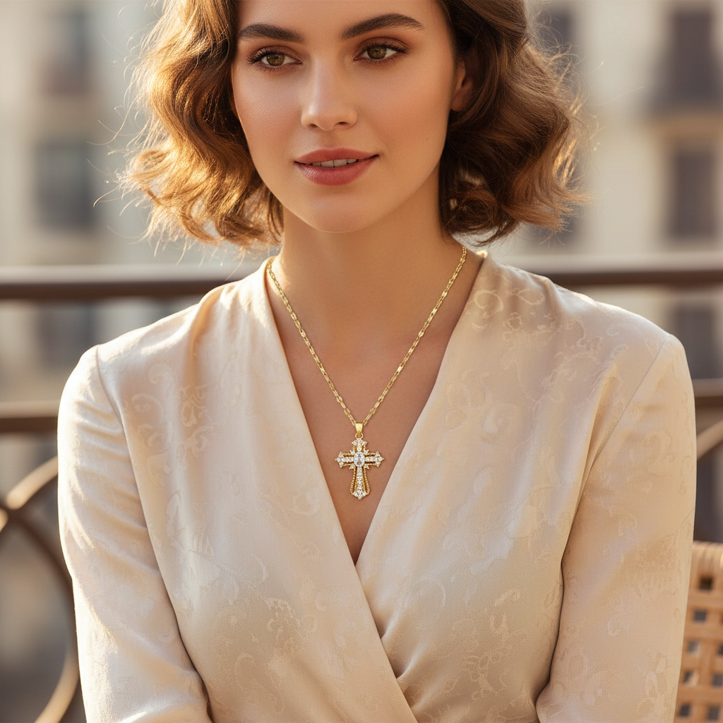 Woman wearing elegant gold cross pendant necklace - lifestyle fashion photography