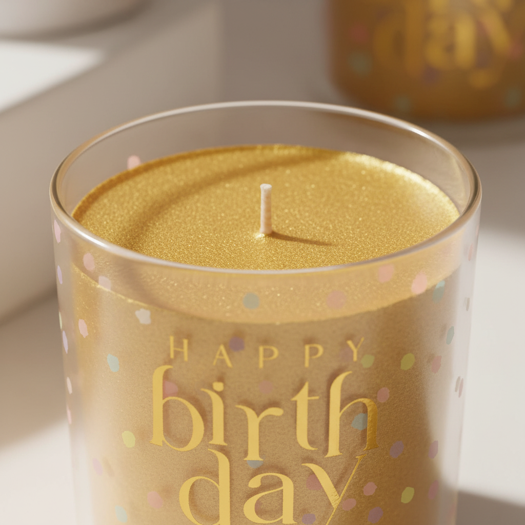 Extreme macro close-up of Happy Birthday Confetti Candle showing gold wax and glass jar detail