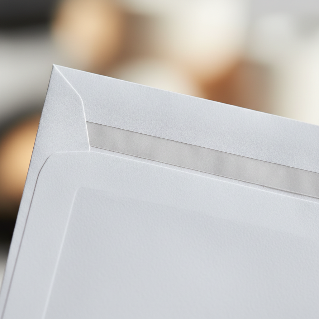 Extreme macro close-up of Tallon White DL Peel & Seal Envelope showing 80gsm paper texture and self-adhesive seal strip detail