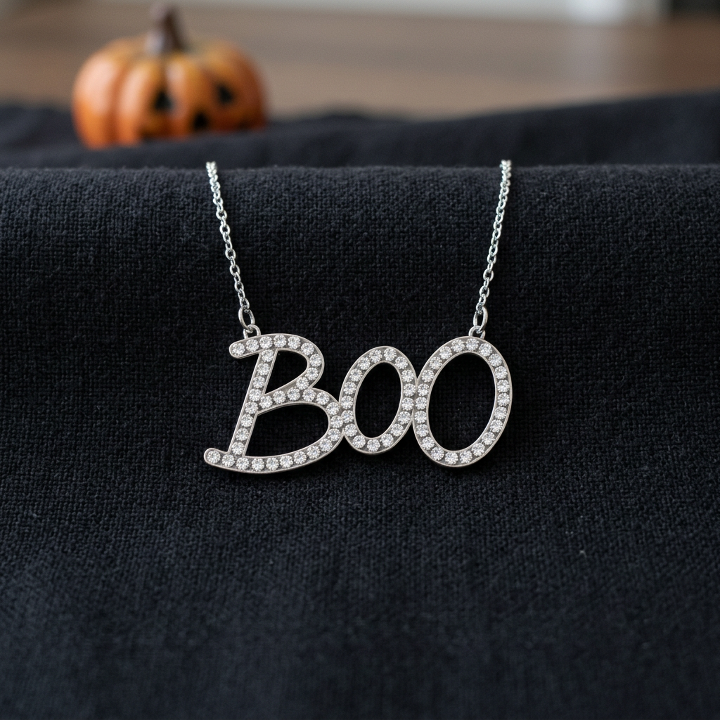 Silver-tone BOO necklace resting on dark fabric with a blurred pumpkin decoration behind