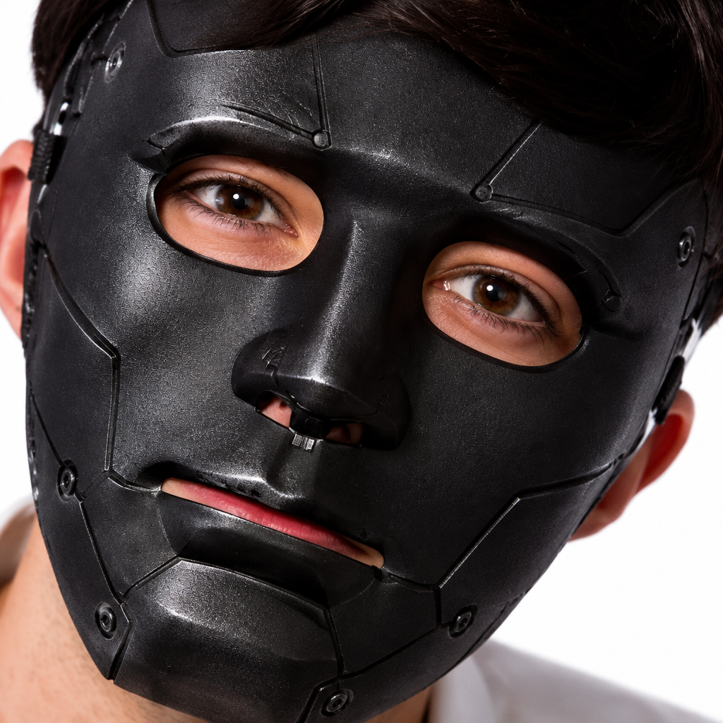 Close-up of the robot mask's painted mechanical detailing and metallic-look finish
