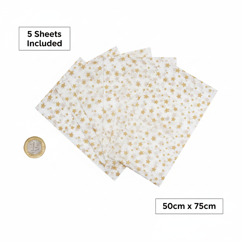 Gold star tissue paper 5 sheets fanned out beside a £1 coin showing 50cm x 75cm size, white background flat lay