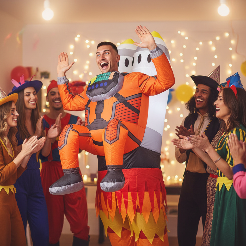 Laughing man wearing Inflatable Rocket Man silver spacesuit costume at a fancy dress party