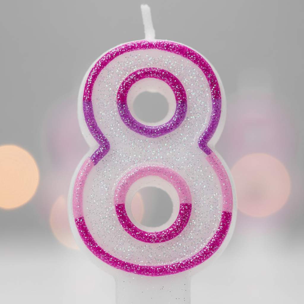 Extreme macro close-up of Pink Number 8 Candle showing glitter border and pearlescent wax detail