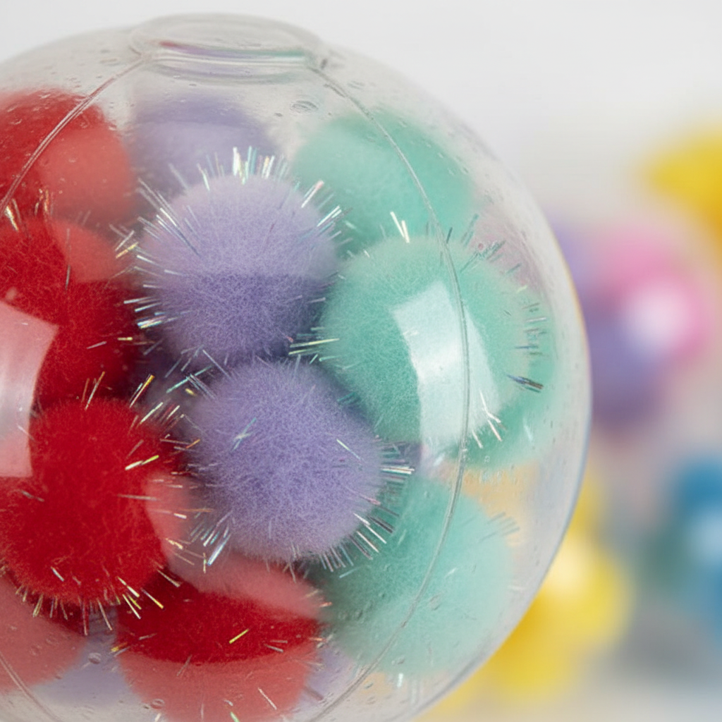 Extreme macro close-up of squishy pom pom ball showing clear stretchy TPR shell texture and soft colourful pom pom filling detail