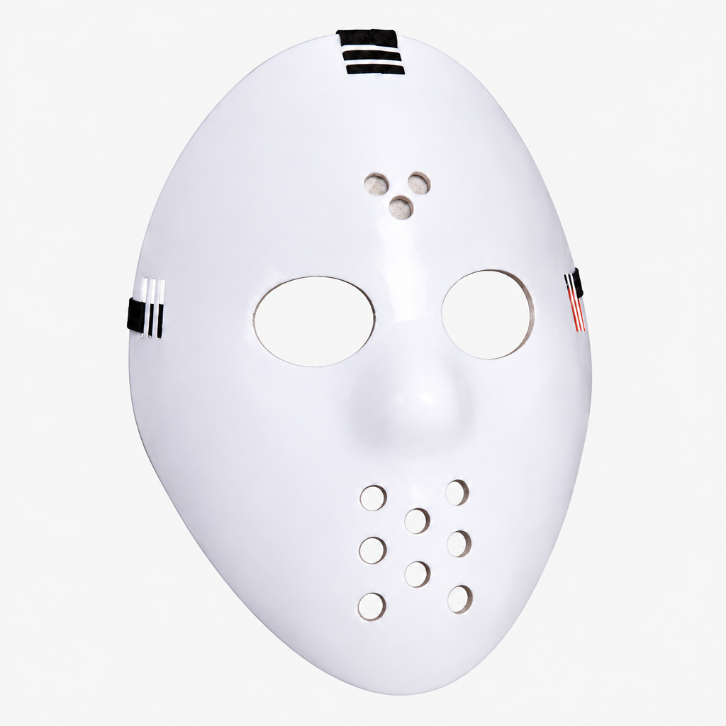 White hockey mask shown closer from the front, with eye and mouth openings