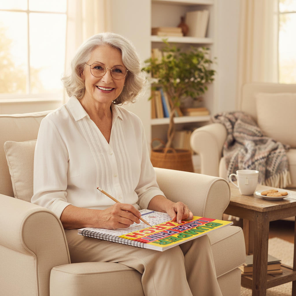 Woman in her 60s with reading glasses enjoying an A4 Bumper Word Search Book in her armchair