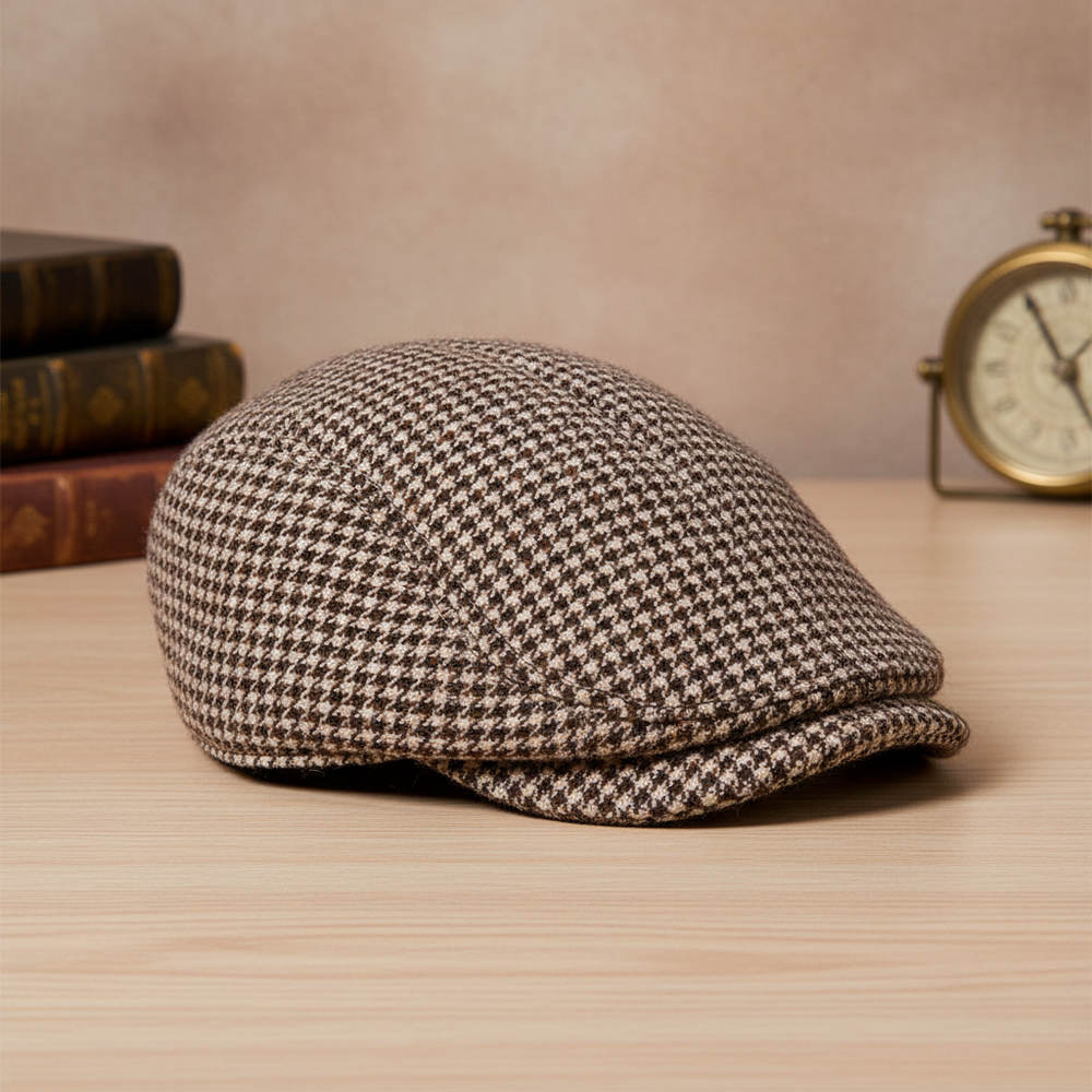 Faux tweed flat cap with brown and beige houndstooth pattern on elegant vintage background