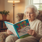 Older woman with reading glasses solving a Jumbo Word Search Large Print Book in an armchair, pencil in hand