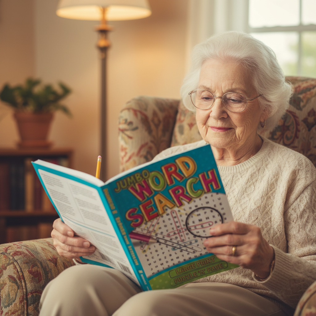 Older woman with reading glasses solving a Jumbo Word Search Large Print Book in an armchair, pencil in hand