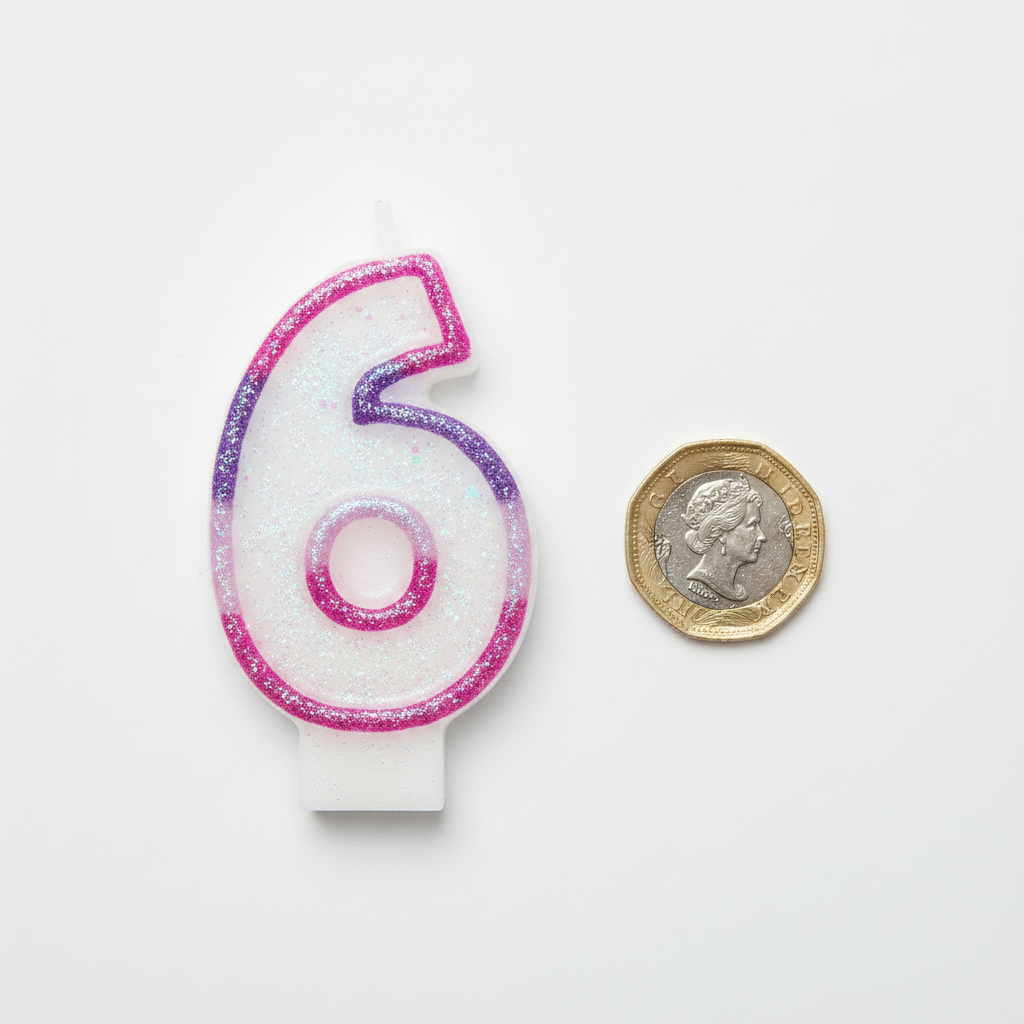 Pink glitter number 6 birthday candle flat lay beside a £1 coin showing product scale, white background overhead lighting