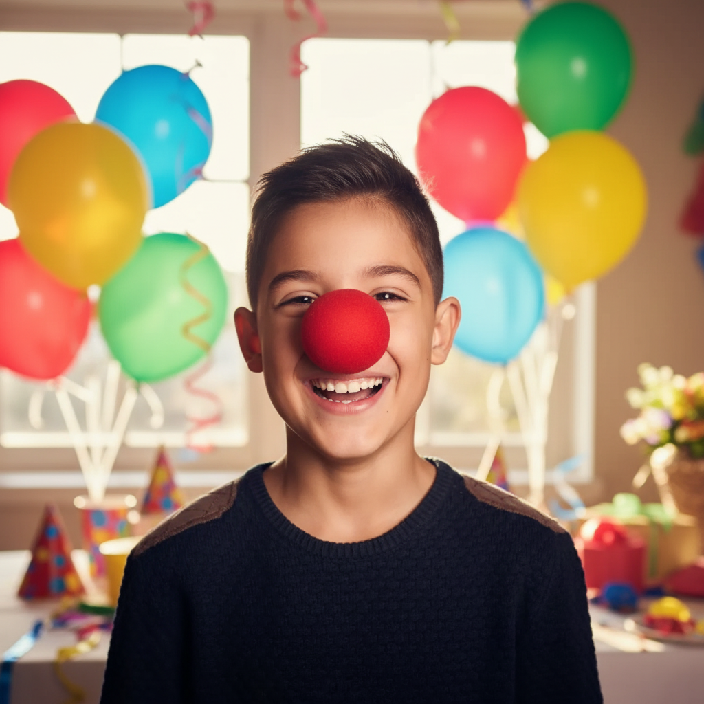 Happy child wearing red foam clown nose at birthday party - fun costume accessory for kids