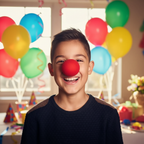 Happy child wearing red foam clown nose at birthday party - fun costume accessory for kids