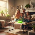 Family laughing together in a living room with a whoopee cushion on the sofa, warm and joyful atmosphere