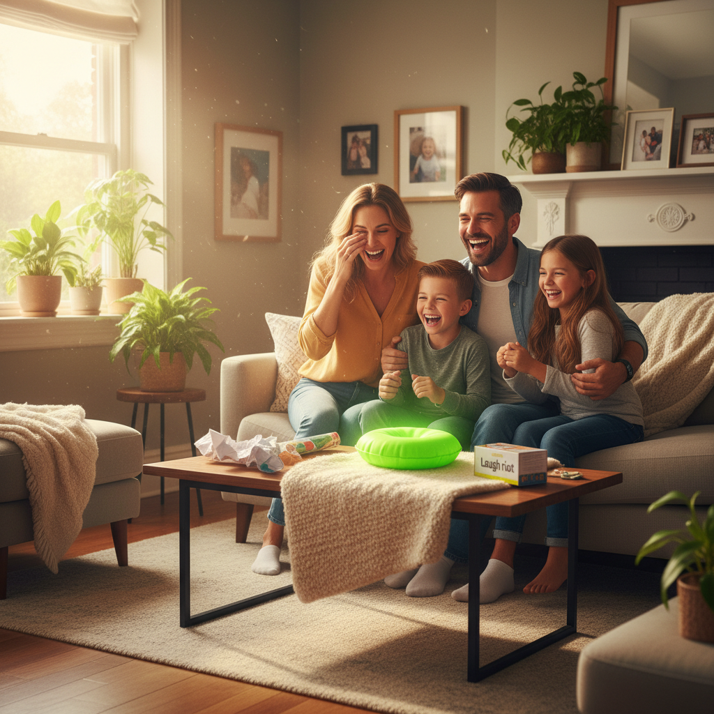 Family laughing together in a living room with a whoopee cushion on the sofa, warm and joyful atmosphere