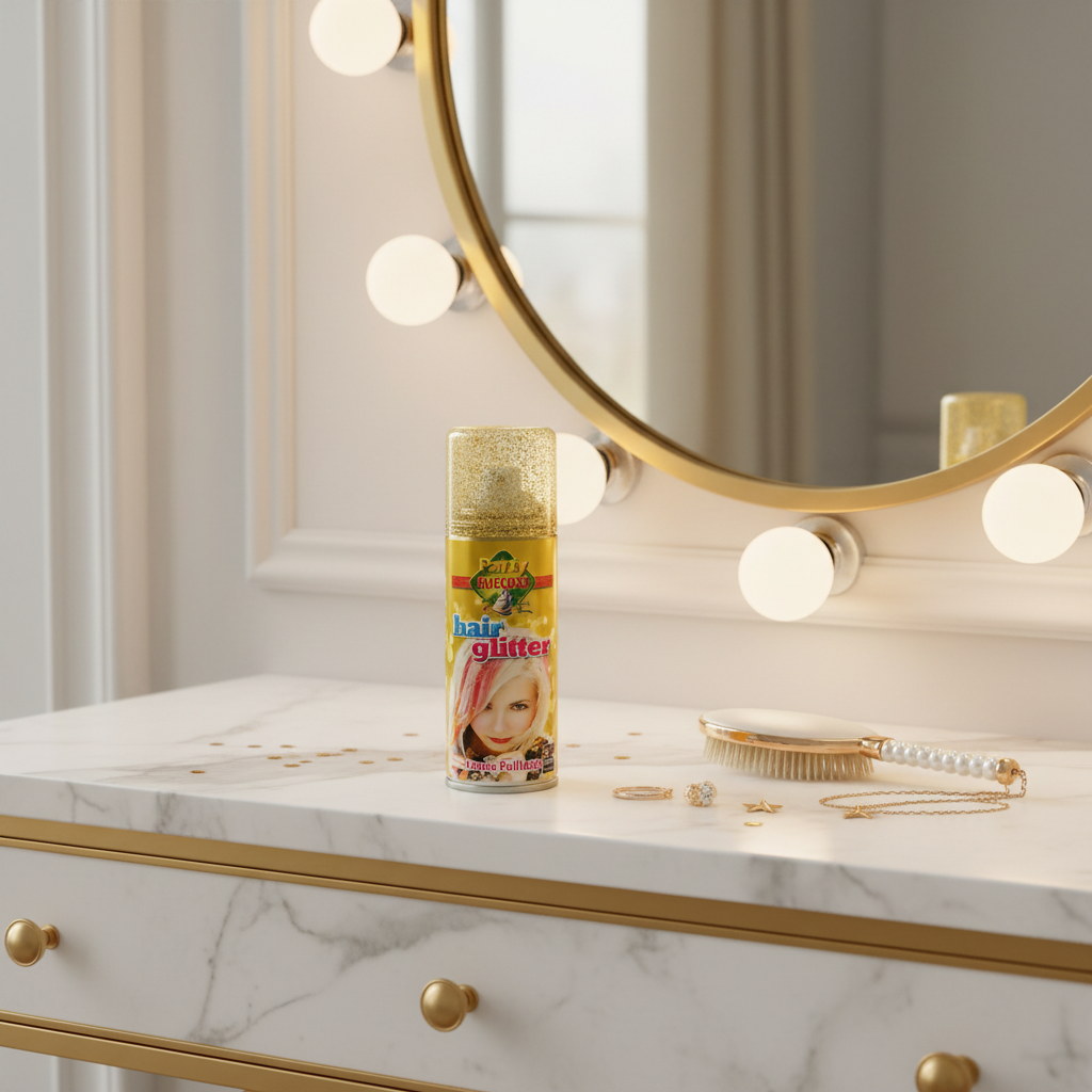 Party Success Gold Glitter Hair Spray 125ml on a glamorous dressing table with warm vanity lighting, hairbrush and gold jewellery props
