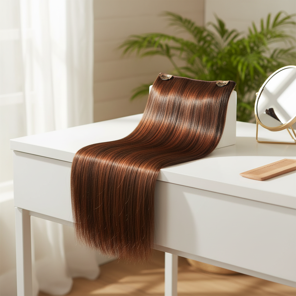 20 inch one piece straight clip-in hair extension in colour #2/5 Azalea dark brown draped over a white vanity with mirror and comb