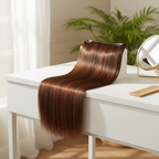 20 inch one piece straight clip-in hair extension in colour #2/5 Azalea dark brown draped over a white vanity with mirror and comb