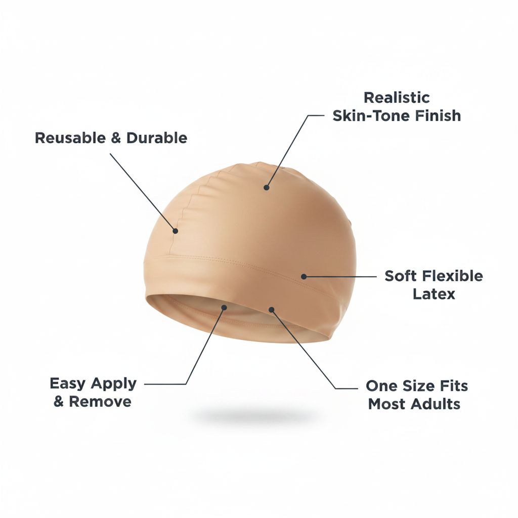 Latex bald cap for adults feature infographic showing key product benefits: realistic finish, soft latex, easy apply, reusable