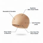 Latex bald cap for adults feature infographic showing key product benefits: realistic finish, soft latex, easy apply, reusable