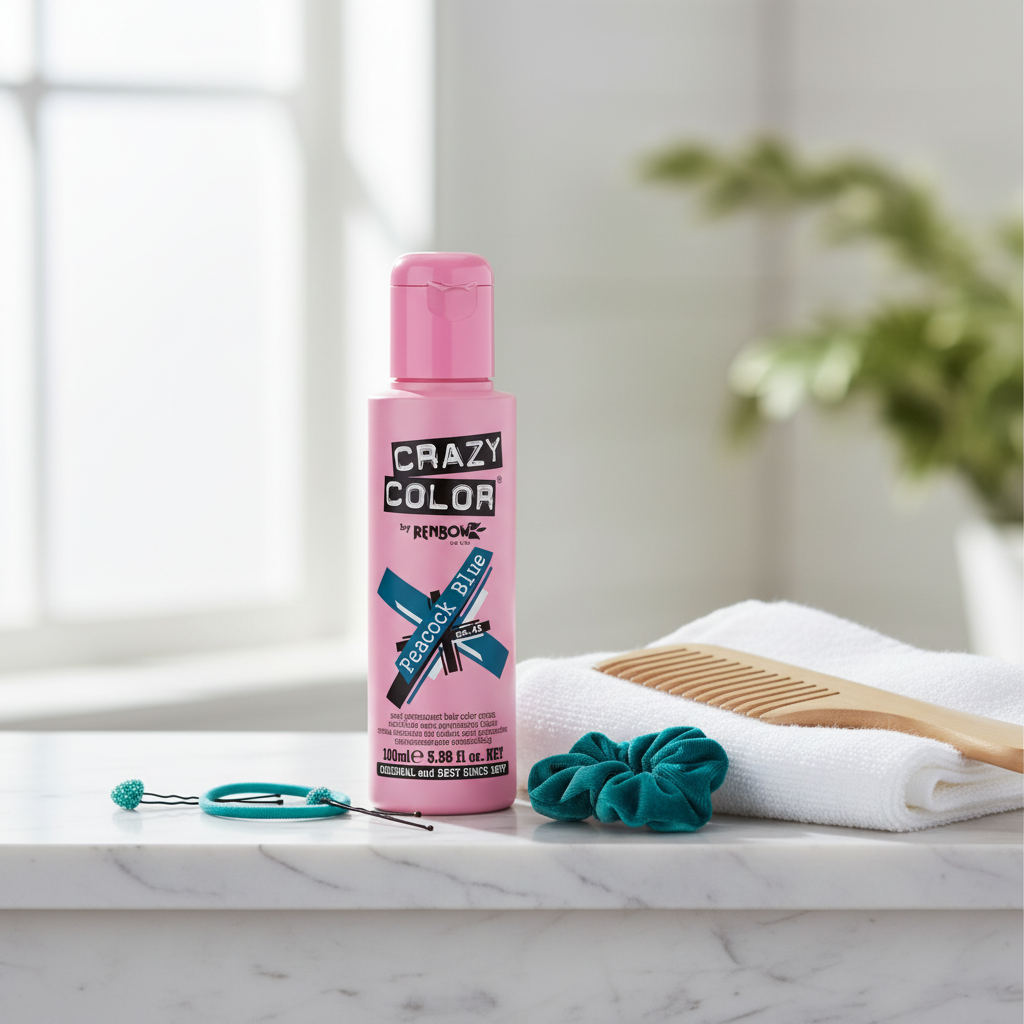 Crazy Color Peacock Blue Hair Dye 100ml on a marble bathroom shelf with natural window light and minimal beauty accessories