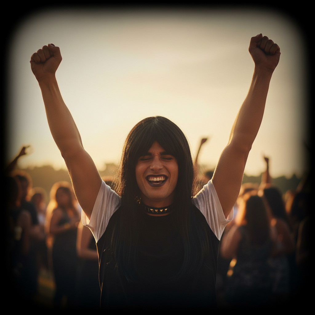 Person in black rockstar wig celebrating with arms raised in golden hour light