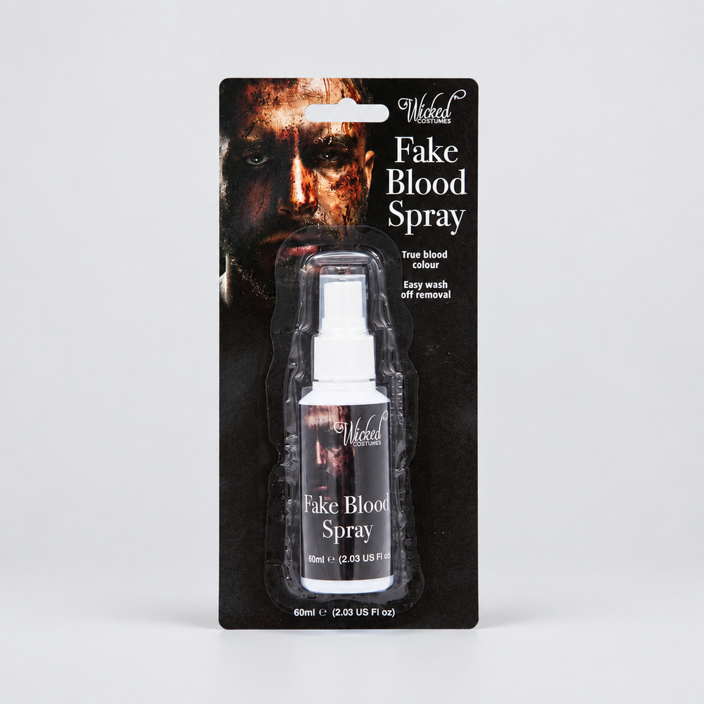 Packaged 60ml Wicked Costumes Fake Blood Spray shown front-facing against a light grey background.