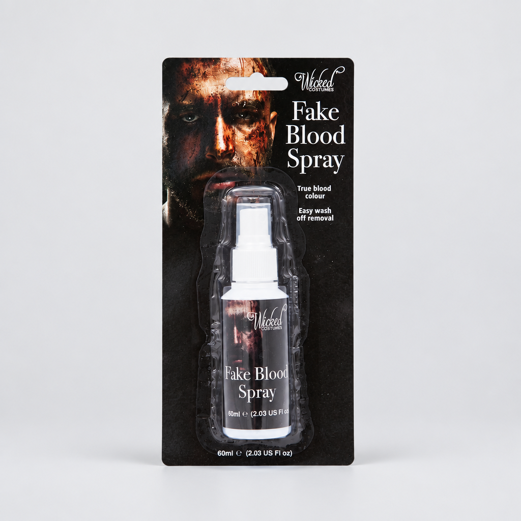 Packaged 60ml Wicked Costumes Fake Blood Spray shown front-facing against a light grey background.