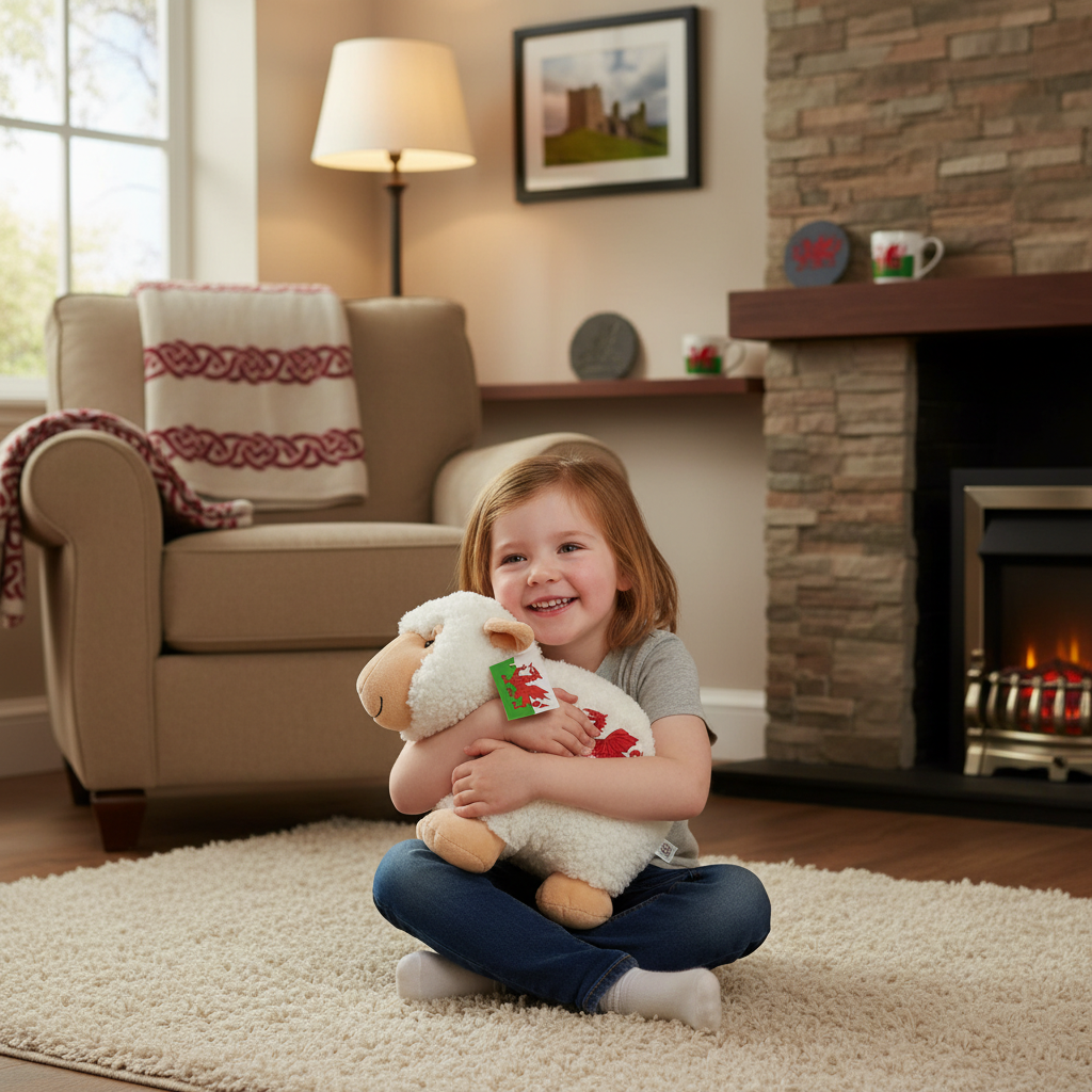 Child hugging Sally the Sheep plush toy - Welsh souvenir gift lifestyle image
