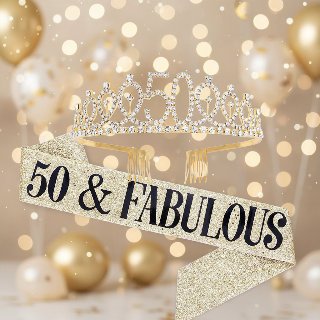 Gold diamante tiara and 50 & Fabulous glitter sash set for 50th birthday celebrations