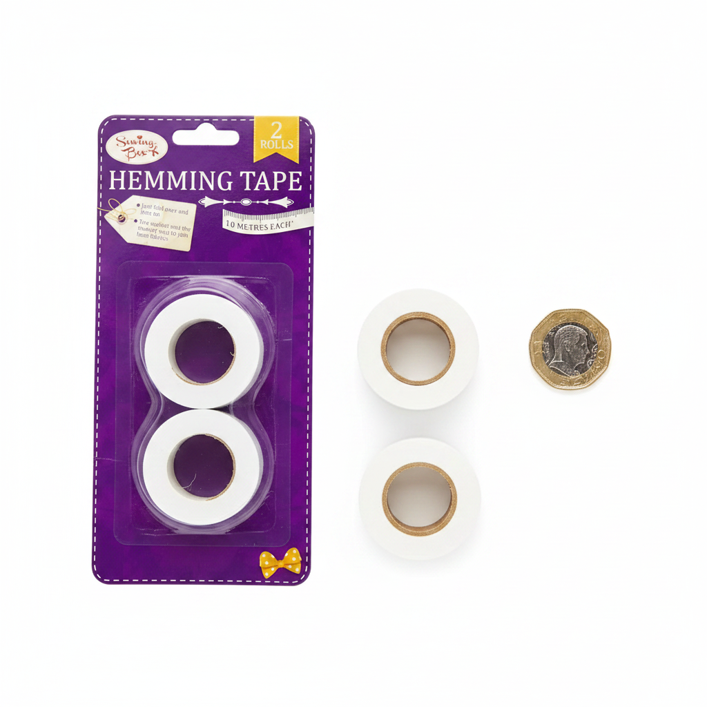 Hemming Web Tape Twin Pack flat lay showing both rolls beside a £1 coin for scale on white background