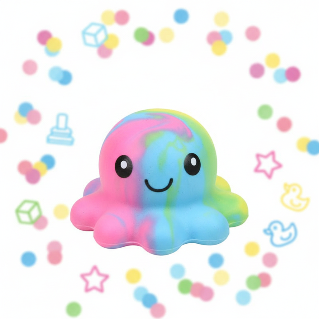 Squeeze Octopus 12cm squishy toy hero product shot on colourful playful background