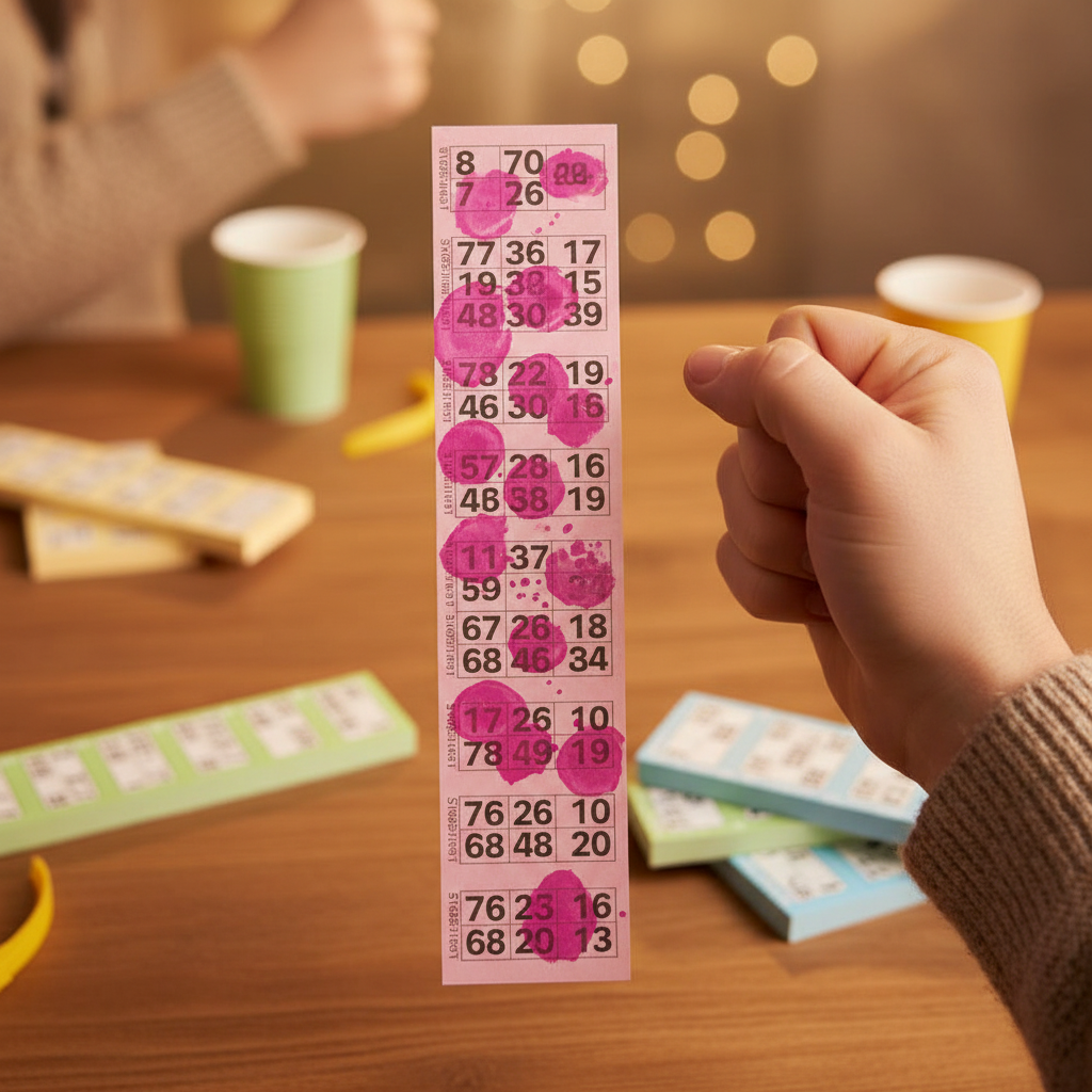 Winning bingo ticket strip held triumphantly with dabbed numbers, bingo pads visible in warm background