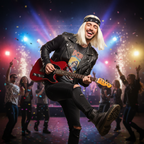 Man wearing blonde rocker wig with bandana at party having fun