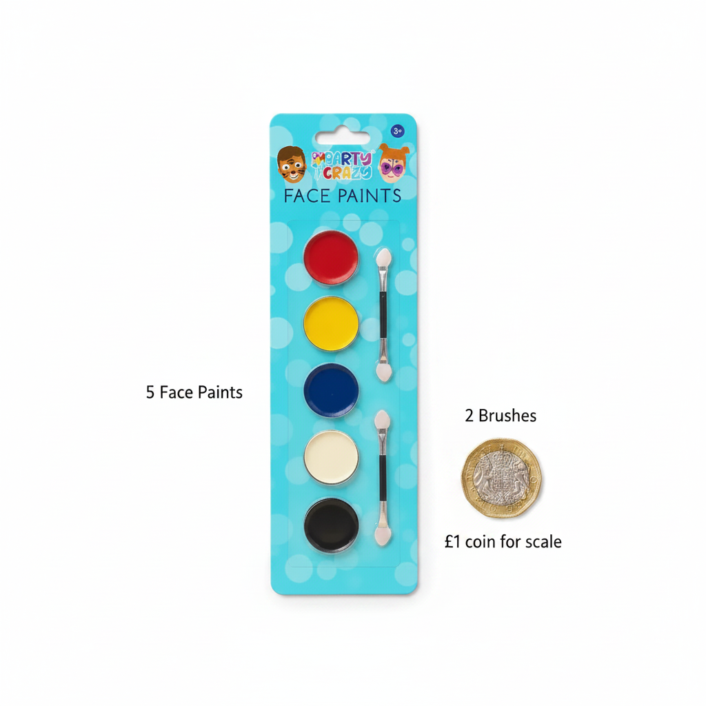 Children's face paint set flat lay beside a £1 coin showing product scale, with 5 paint pots and 2 brushes on white background