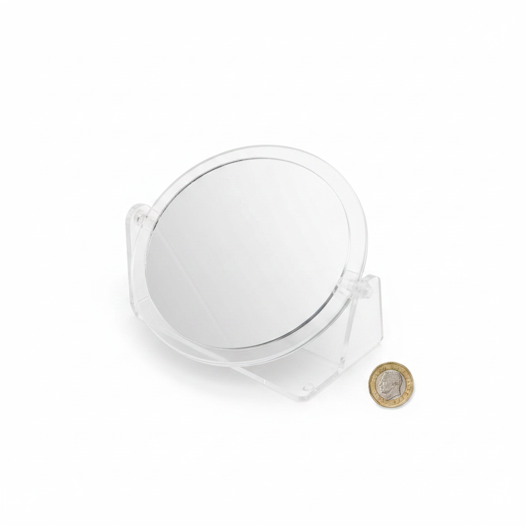 Clear Double Sided Mirror With Stand Flat Lay with £1 Coin for Scale on White Background