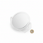 Clear Double Sided Mirror With Stand Flat Lay with £1 Coin for Scale on White Background