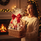 Woman presenting beautifully wrapped gift hamper in clear cellophane - celebration scene