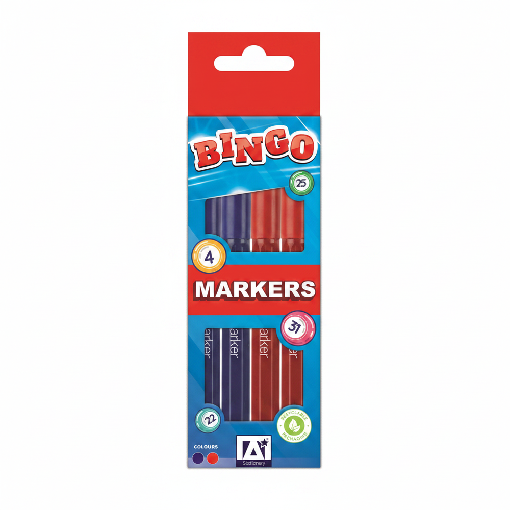 Anker Stationery Bingo Markers Pack of 4 Assorted Colours on pure white background, studio hero shot